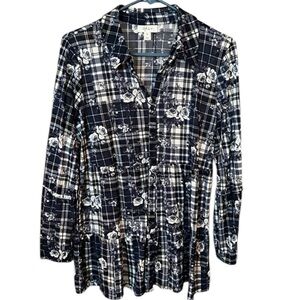 Style & Co. Blue and White Checkered Tiered Tunic Shirt - LP